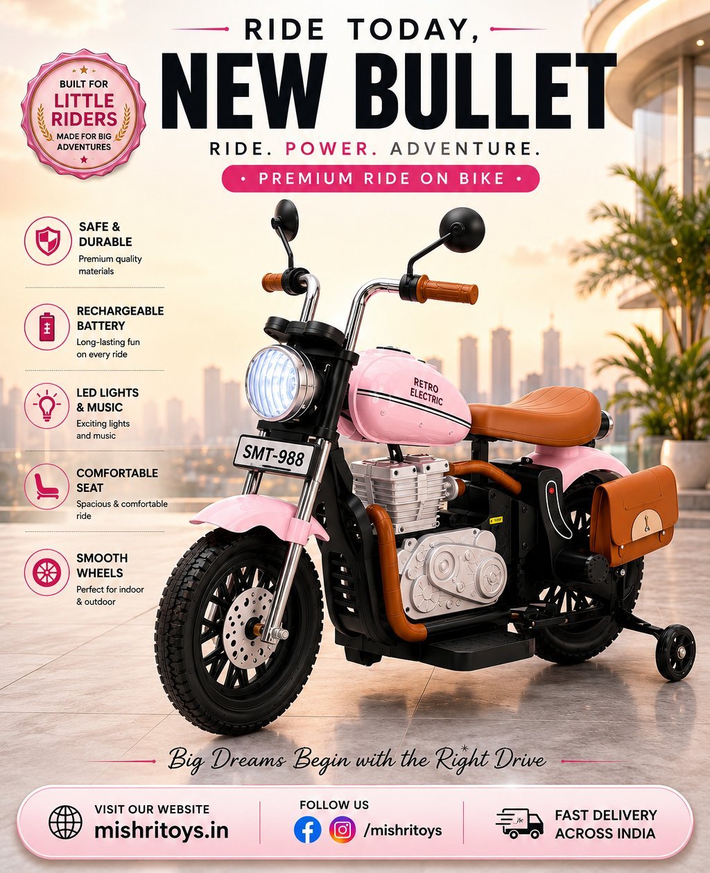 Mishri Toys - Premium Retro Electric Ride-On Bullet Bike (Pink)